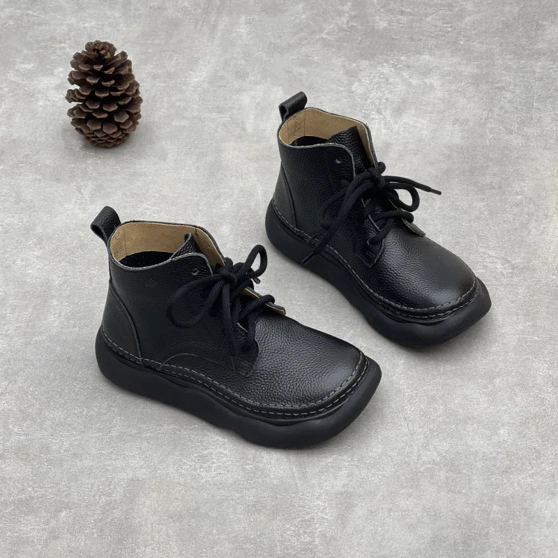 Johnature Retro Genuine Leather Short Boots 2026 Autumn/winter New Wide Toe Lace Up Cowhide Soft Sole Women's Boots