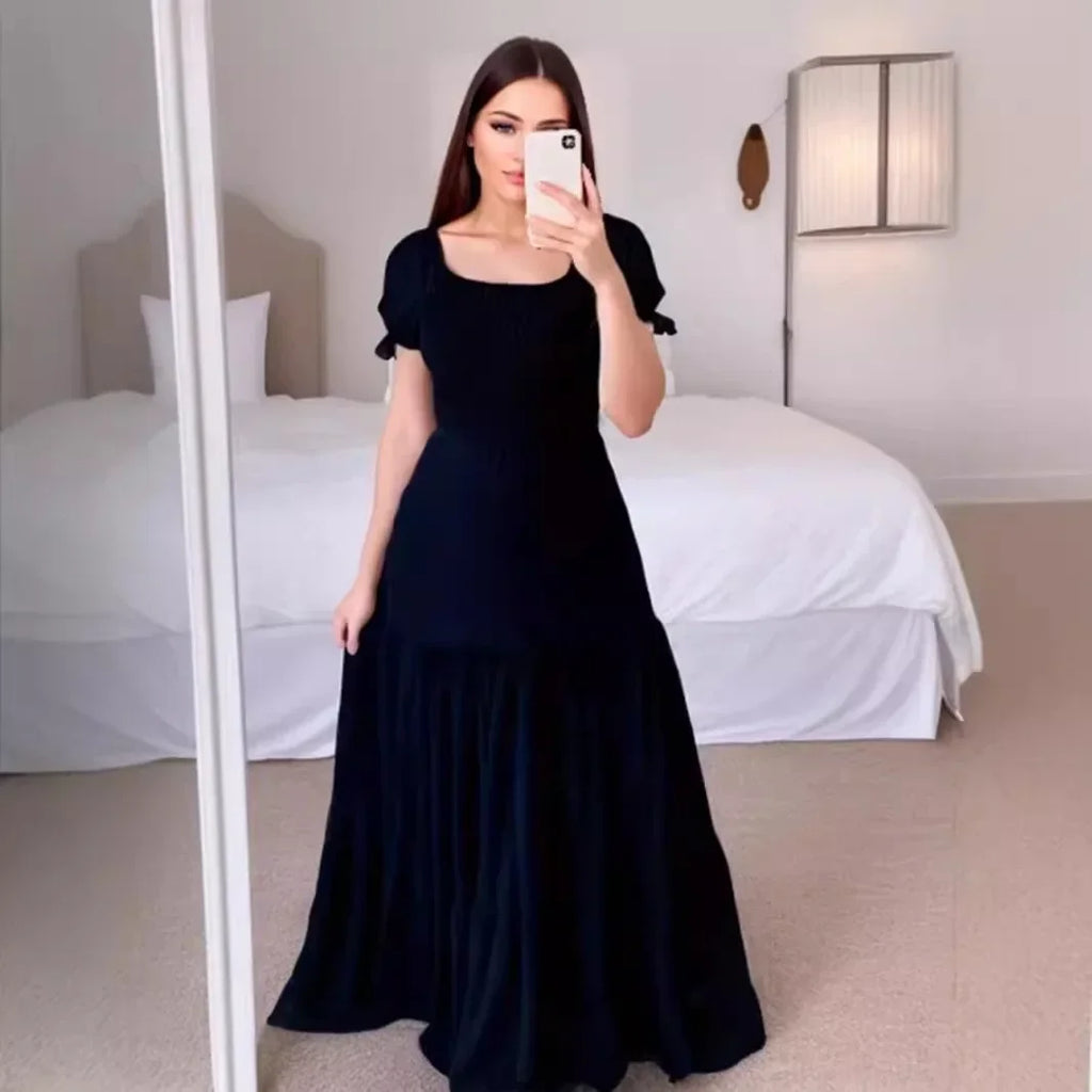 A Line Pleated Blue Princess Long Dresses Women Puff Sleeve High Waist Square Neck Maxi Dress Summer Solid Ruffles Party Dresses