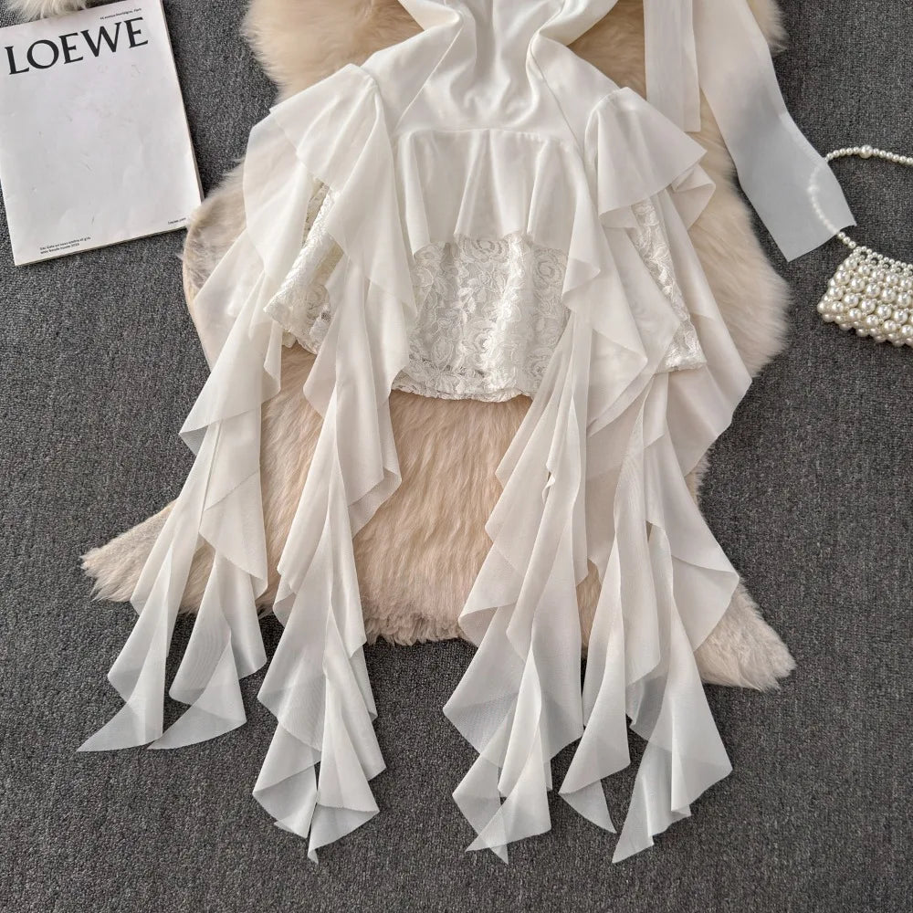Foamlina French Style White Strapless Dress Women Summer Lace Irregular Flanged Ribbon Design Girl's Holiday Shopping Dresses
