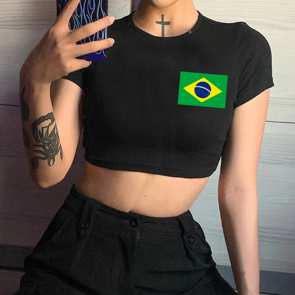 Brazil Flag T Shirt Women White 2022 Aesthetic Kawaii Tumblr Tshirt Crop Top Harajuku Kawaii