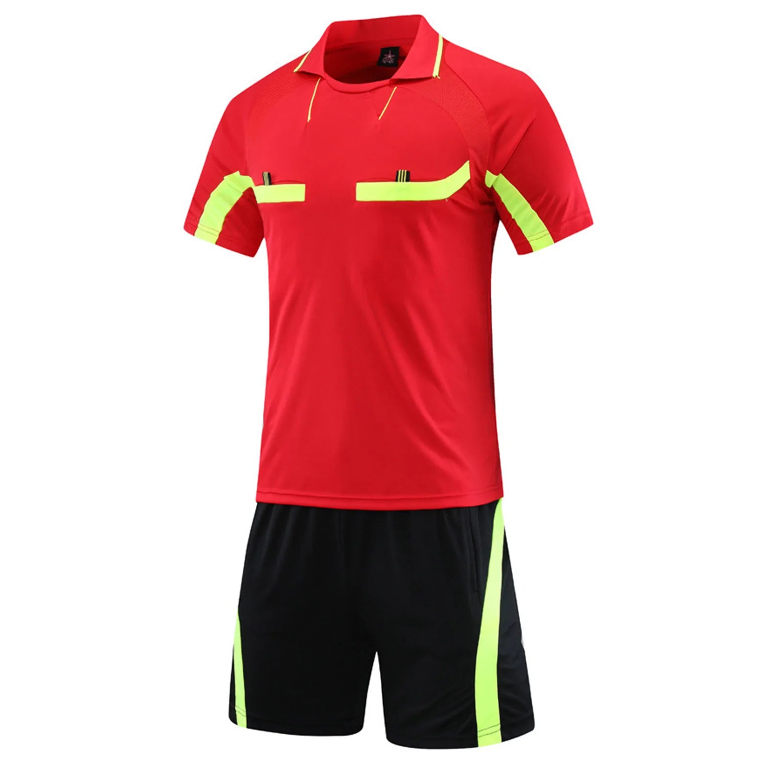 Mens Soccer Jersey Referee Outfit Football Match Uniform Tracksuit Turn-Down Collar Short Sleeve Pockets T-shirt with Shorts