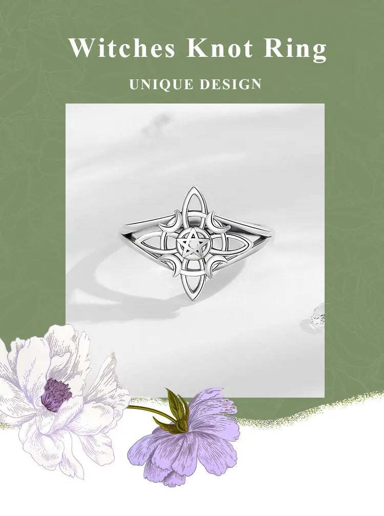 Eudora 925 Sterling Silver Witch Knot Adjustable Ring for Women Man Irish Celtic Knot Witchcraft Amulet Ring Wicca Jewelry Gift