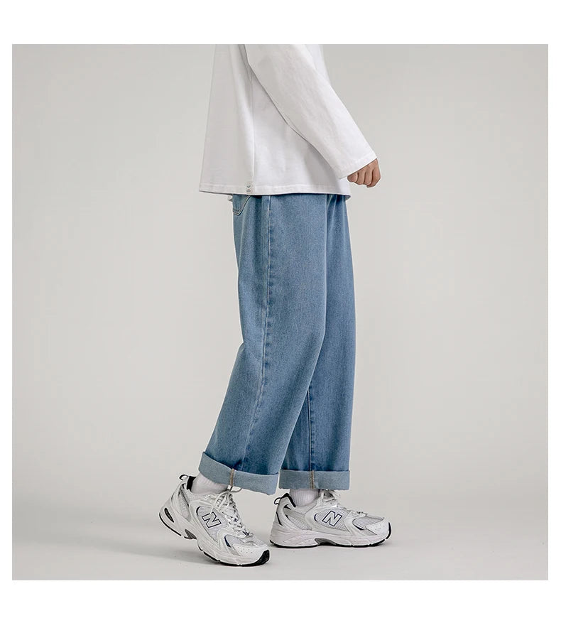 2023 New Korean Fashion Men's Baggy Jeans Classic Unisex Man Straight Denim Wide-leg Pants Hip Hop Bagy Light Blue Grey Black