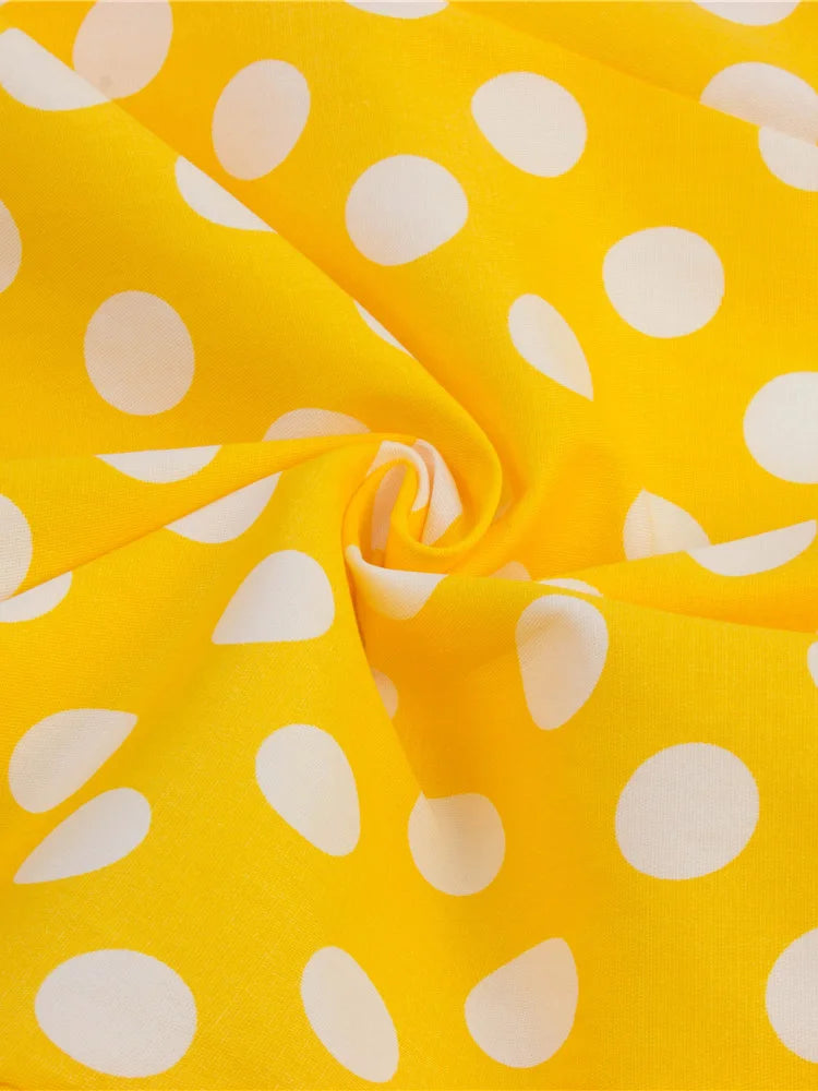Tonval-Women's Retro Polka Dot Dress, Yellow Dress, Short Sleeve, V Neck, Belted, A Line, Summer Party, 50s Vintage Dresses