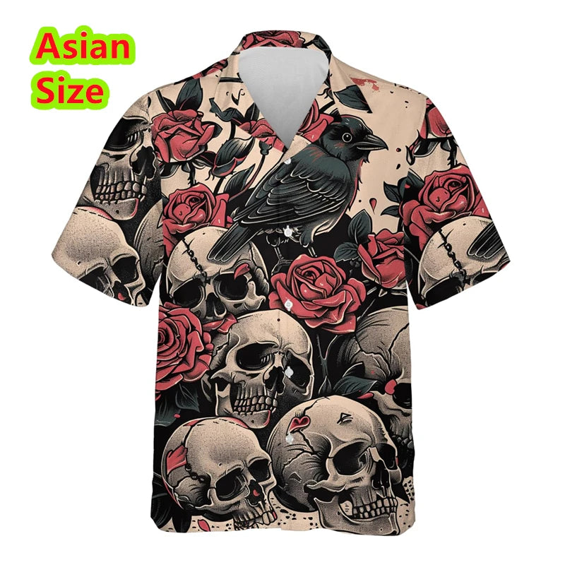 Man Shirt Horror Skull Flower 3D Print Men's Clothing Summer Casual Hawaii Beach Hawaiian Harajuku Hip Hop Holiday Shirt Tops