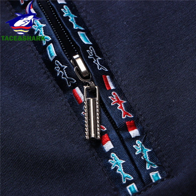 TACE&SHARK Solid Color Embroidery Polo Shirt Summer Fashion Men Business Shark Polos Tops Mens Casual Dark Blue White Clothing
