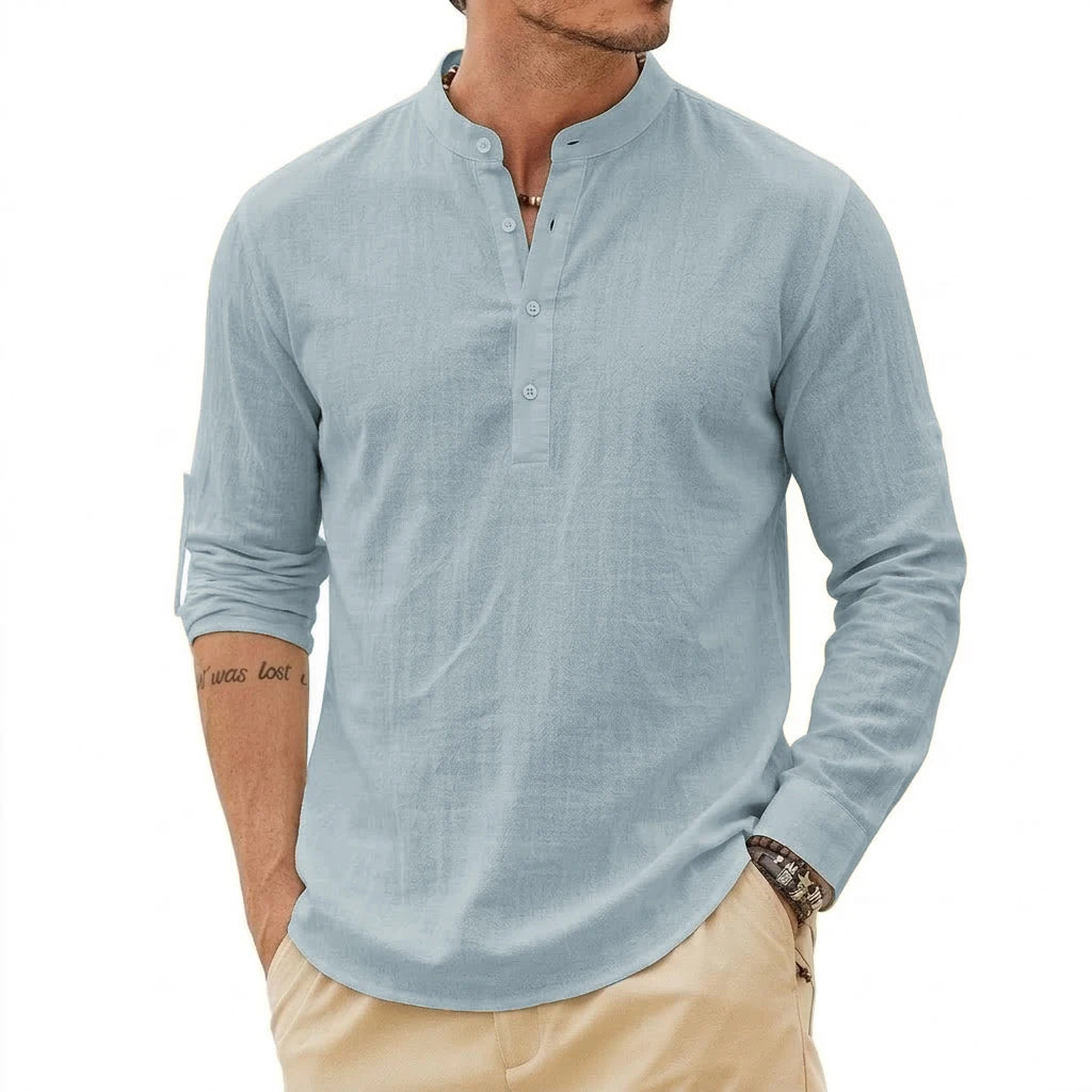 Fashion Mens Linen Shirts Luxury Henley Casual T-Shirts Long Sleeve Cotton T-Shirts Beach Hawaiian Summer Shirt for Men Gym Man