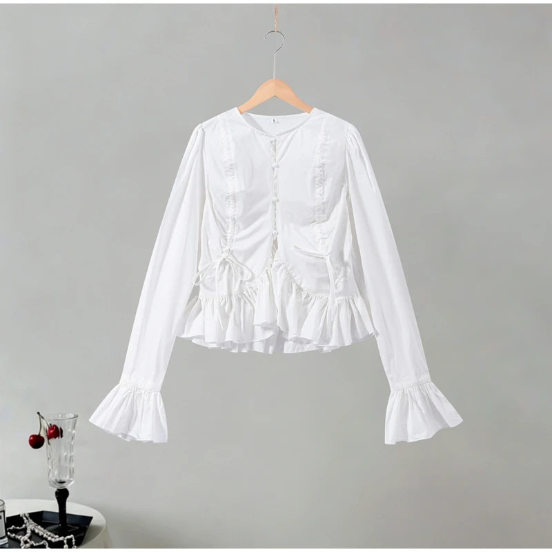 Elegant Chic Ruffle Hem Women's Shirt Flare Sleeve Single Breasted Drawstring Pleat Cropped Shirts 2026 Spring Summer Lady Top