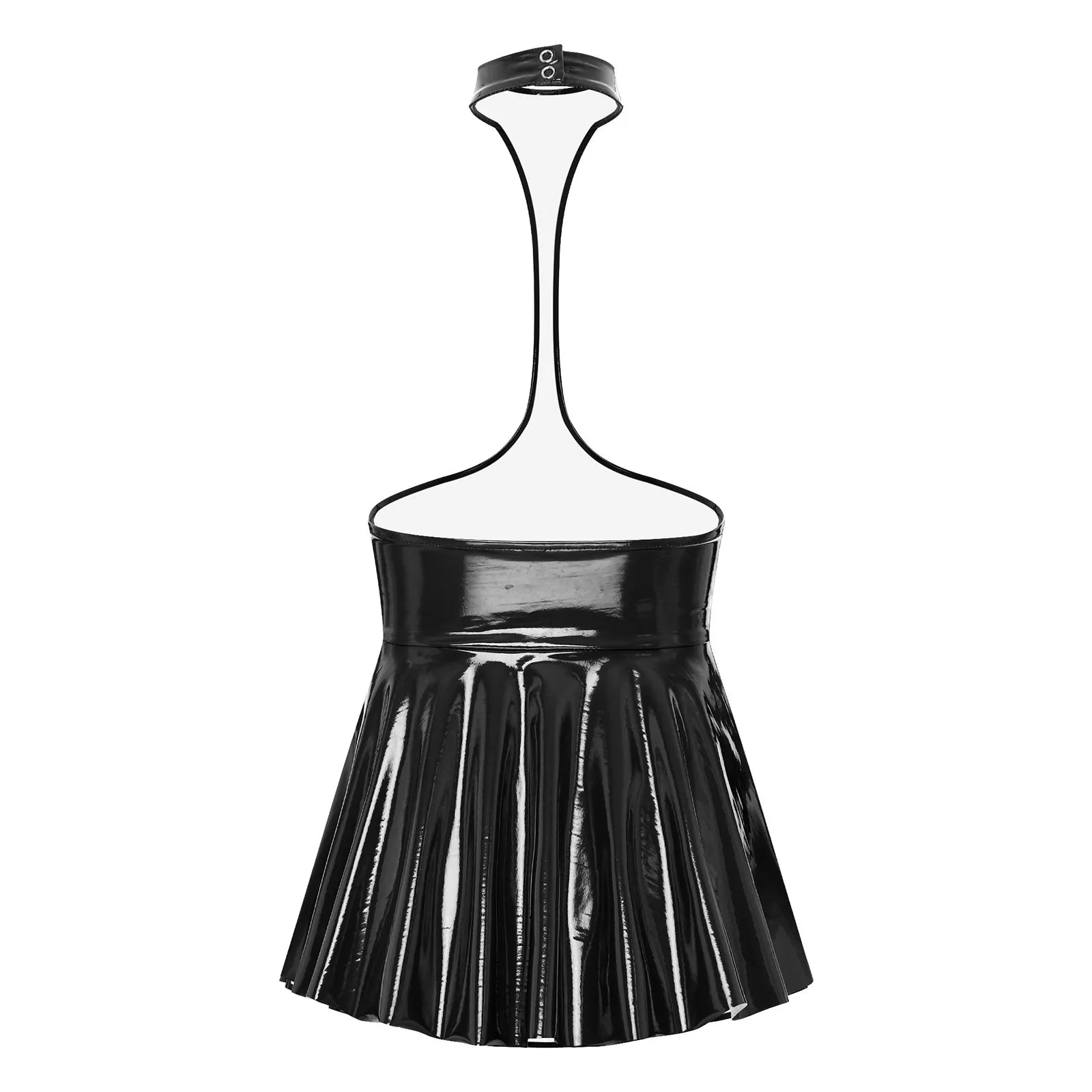 Womens Shiny Metallic Faux Leather Halter Neck Backless A-Line Dress Exposed Breast Mini Night Club Dresses Latex Clubwear