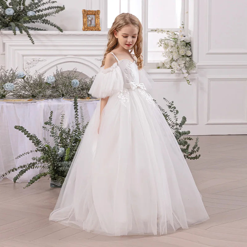 Girl's Ceremonial Dress White Wedding Bridesmaid First Communion Gown Teenagers Girls Graduation Birthday Party Princess Dress