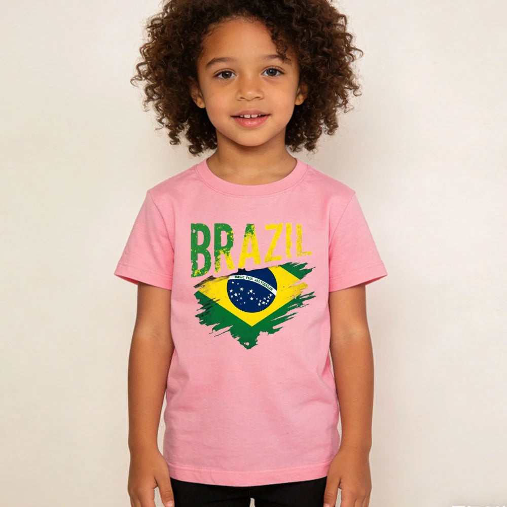 Distressed Brazil Flag Graphic TShirt Brazilian Soccer Lover Children Casual Daily Life Shirt Kids Boy Girl Cotton Short Sleeve