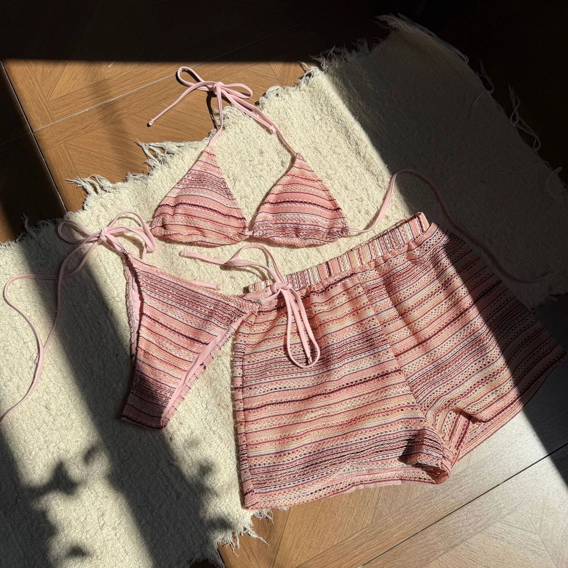 Sexy Crochet Bikini Set 2026 Women Coffee Contrast Striped High Waist Panties 3 Piece Swimsuit Bathing Suit Knitted Swimwear