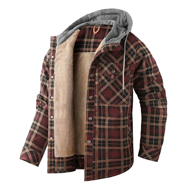 Winter Men Plaid Fleece Shirts Coats Mens Hooded Casual Shirts Man Sport Outdoor Loose Shirt Jacket Men Button Down Hoodie Shirt
