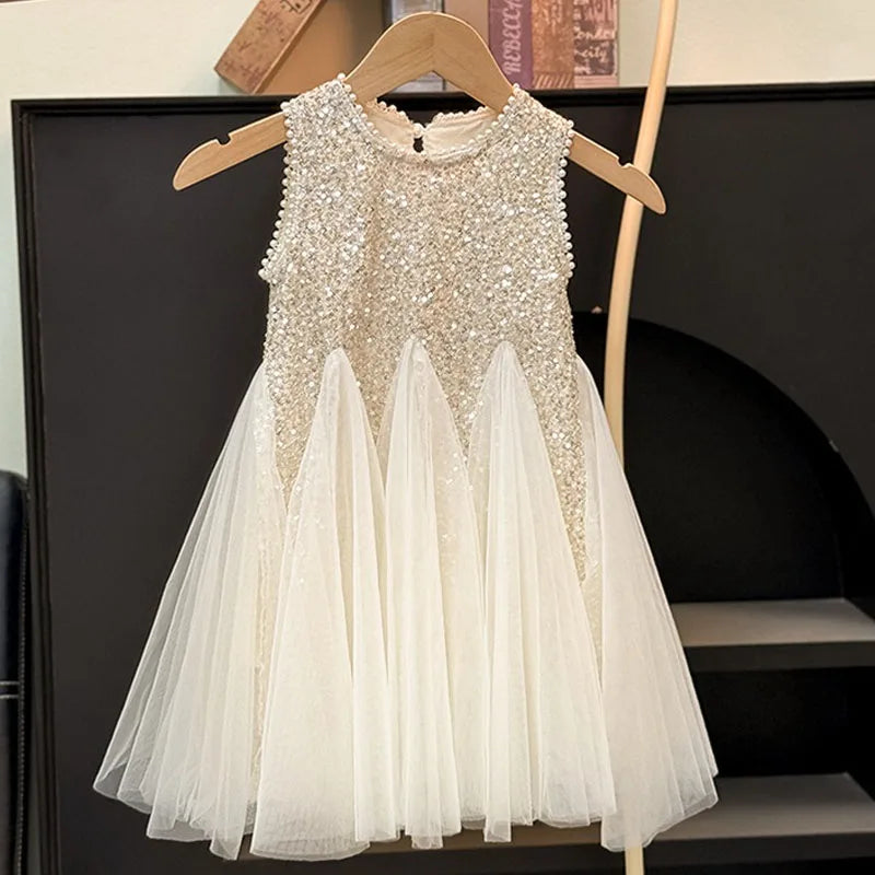 Girls Elegant Sequined Horn Skirt New Kid Party Dresses Baby Fashion Mesh Round Collar Sleeveless Skirt Western-style Vest Dress