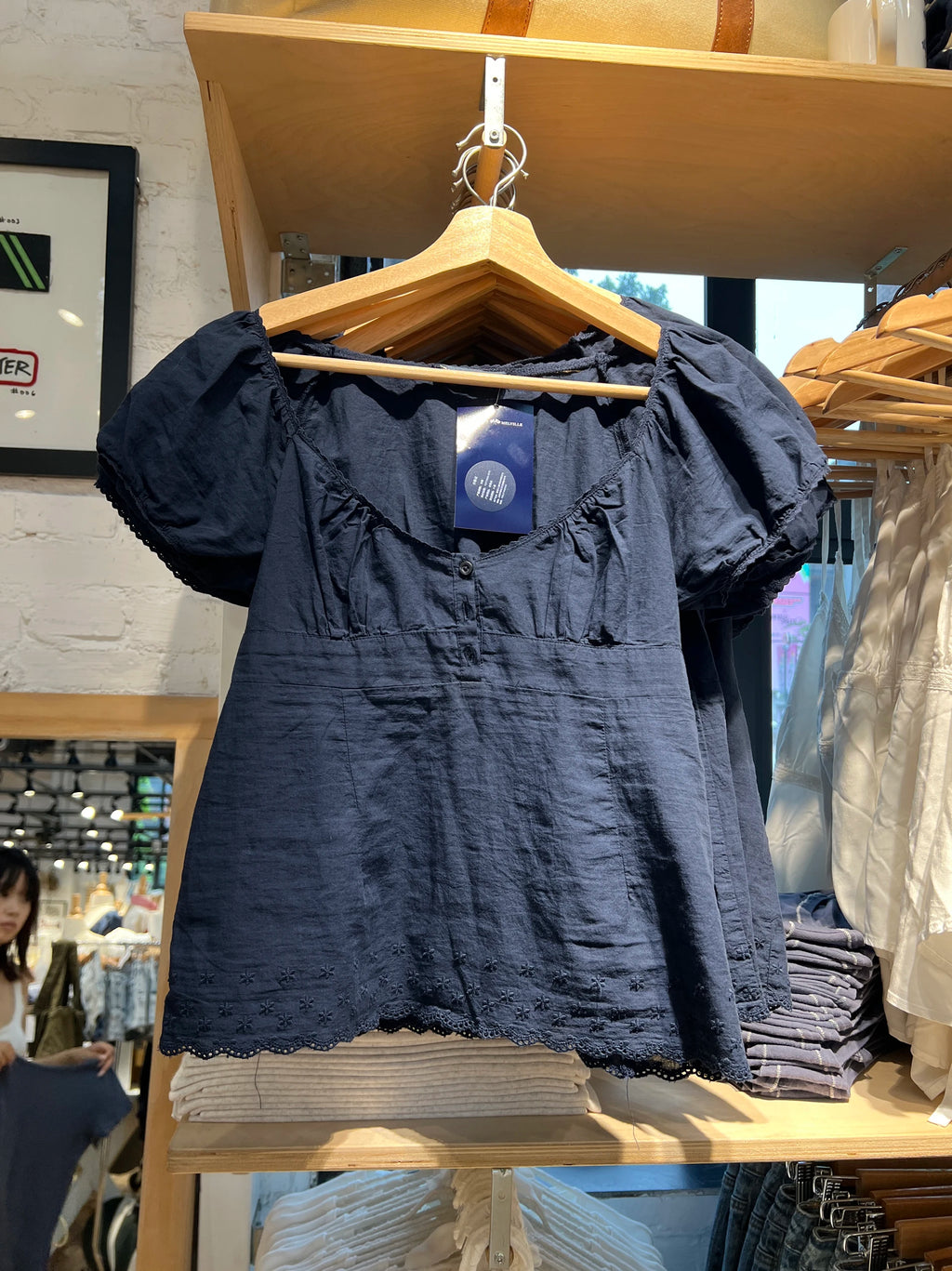 Lace Trim Embroidery Navy T-shirt Women Three Buttons Folds Square Collar Puff Sleeve T-shirt Summer Sweet Casual Vintage Blouse