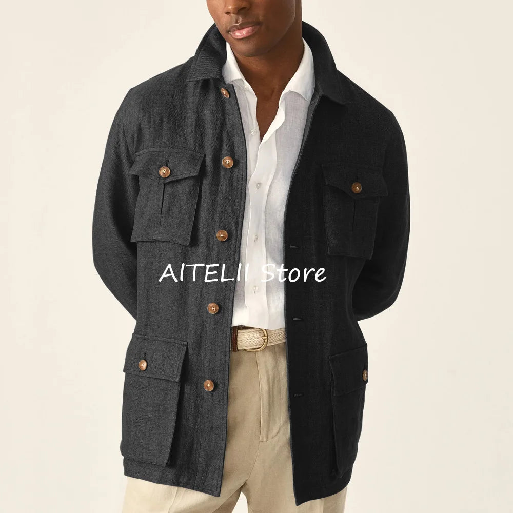 Suit Jackets Linen Elegant Sack of Man Men's Jacket Blazers for Man Lapel Suits Single-breasted Casual Clothes Four Pockets