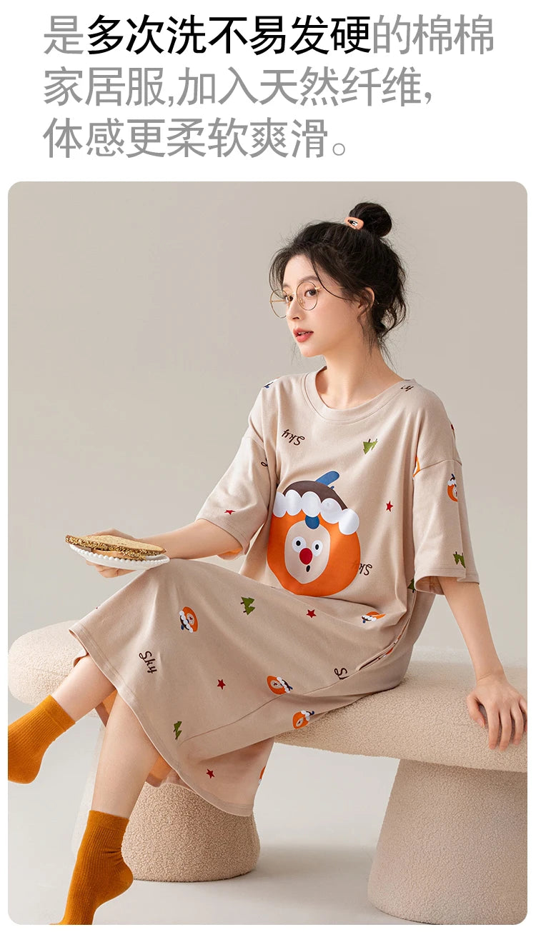 100% COTTON! SUKAE Summer New Women Lovely Sleepshirt Fashion Nightgowns Leisure Dress Casual Nightdress Short Sleeves Nightgown