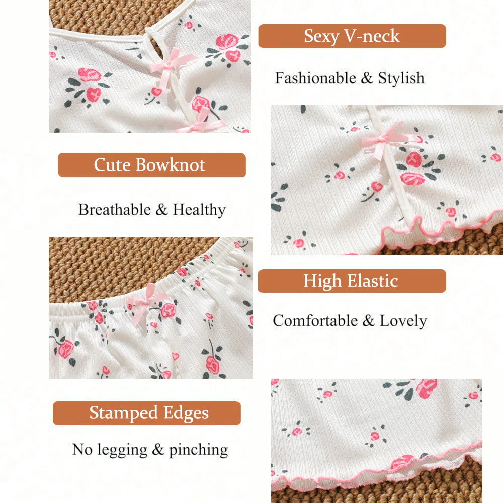 Women's Summer Spaghetti Strap Top and Shorts Pajama Sets Ladies Cherry Heart Print Sleepwear Cute Bowknot Sexy Loungewear S-XL