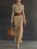 Knitted Turtleneck Dress for Women's Long Sleeve Bodycon Chiffon Patchwork Solid Elegant Autumn Casual Vintage Slim Dresses