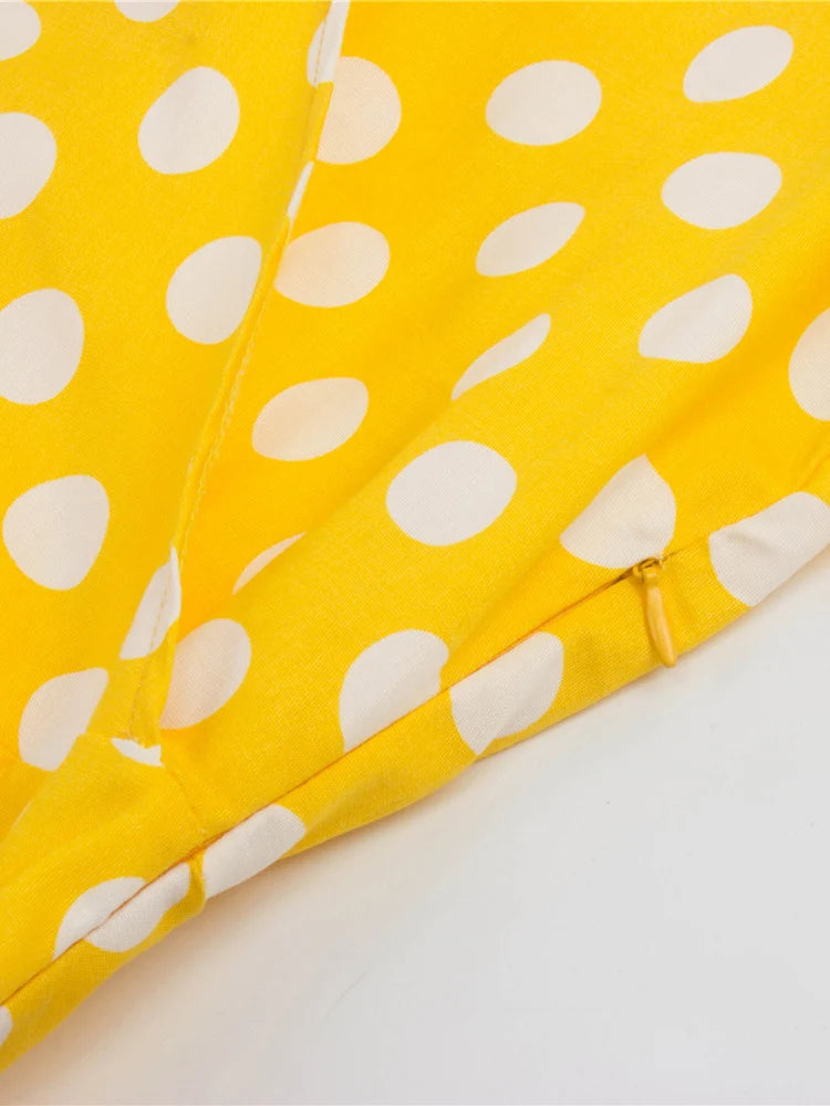 Tonval-Women's Retro Polka Dot Dress, Yellow Dress, Short Sleeve, V Neck, Belted, A Line, Summer Party, 50s Vintage Dresses