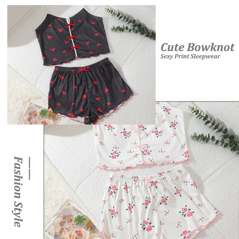 Women's Summer Spaghetti Strap Top and Shorts Pajama Sets Ladies Cherry Heart Print Sleepwear Cute Bowknot Sexy Loungewear S-XL