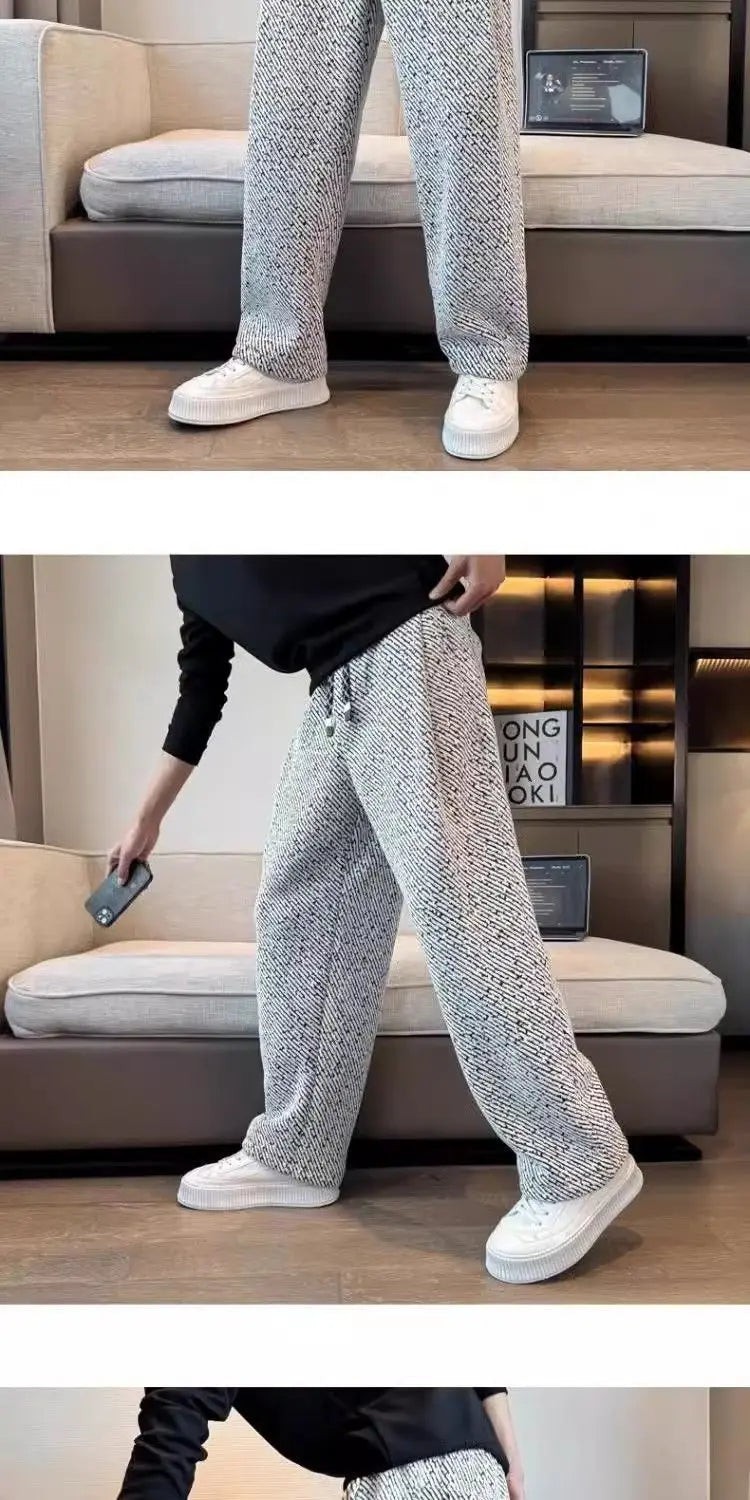 Autumn Winter Loose Men's Sherpa Fabric Straight Pants Man Fashion Thick Pockets Trousers Solid Color Male Clothes