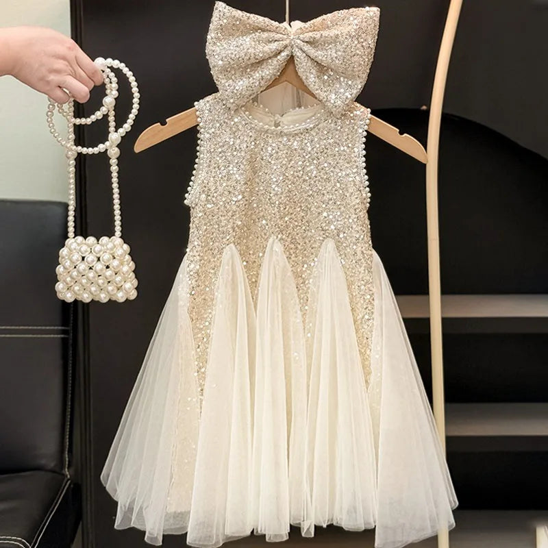 Girls Elegant Sequined Horn Skirt New Kid Party Dresses Baby Fashion Mesh Round Collar Sleeveless Skirt Western-style Vest Dress