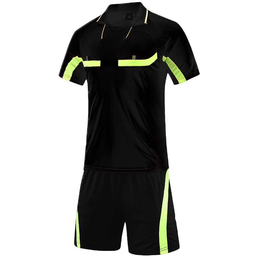 Mens Soccer Jersey Referee Outfit Football Match Uniform Tracksuit Turn-Down Collar Short Sleeve Pockets T-shirt with Shorts