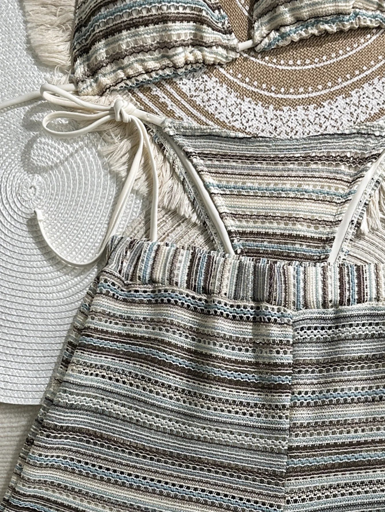 Sexy Crochet Bikini Set 2026 Women Coffee Contrast Striped High Waist Panties 3 Piece Swimsuit Bathing Suit Knitted Swimwear