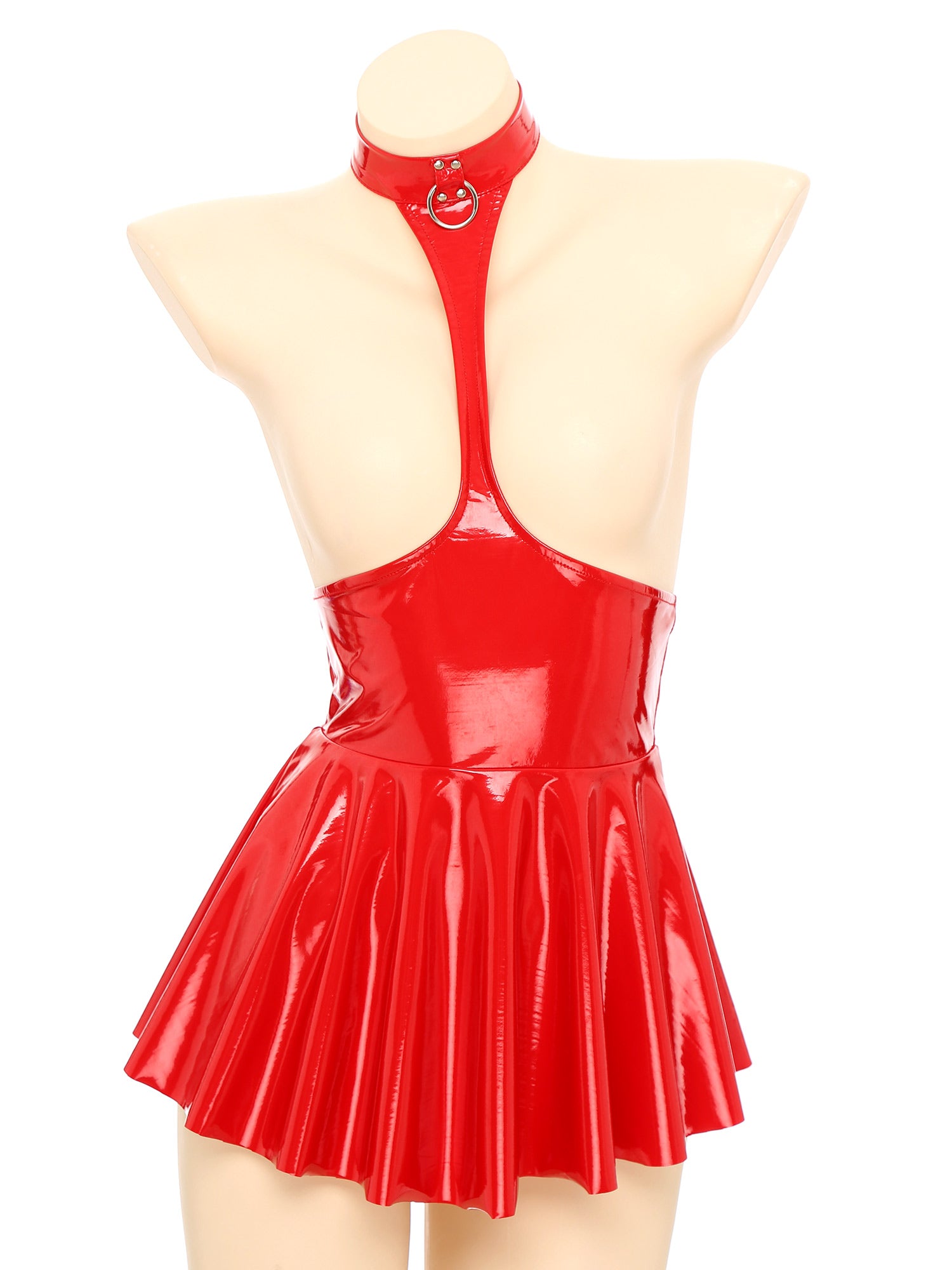 Womens Shiny Metallic Faux Leather Halter Neck Backless A-Line Dress Exposed Breast Mini Night Club Dresses Latex Clubwear