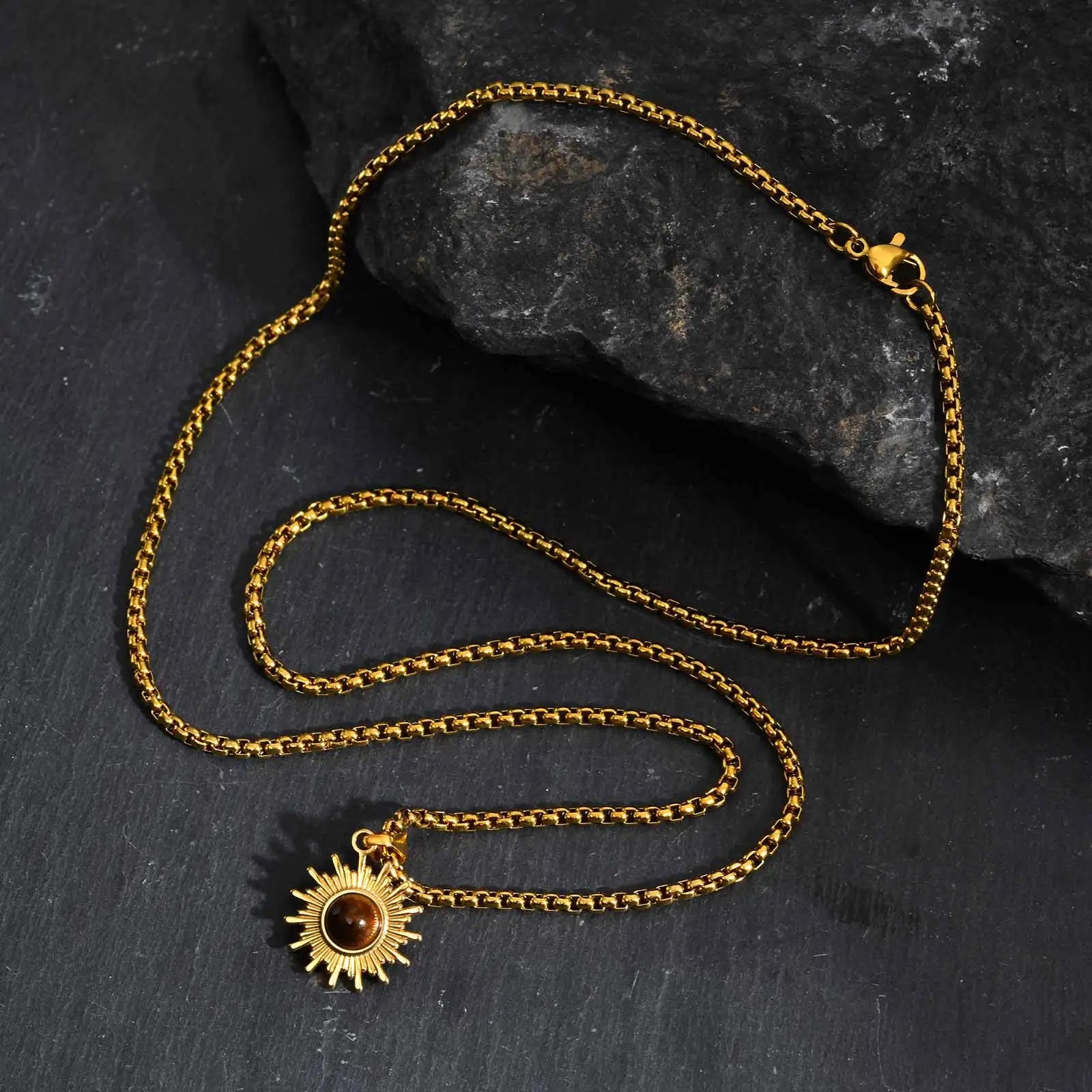 Trendy Sunflower Necklace for Men Boys,Stainless Steel Natural Stone Pendant,Jewelry Gift for Husband Dad Son BBF