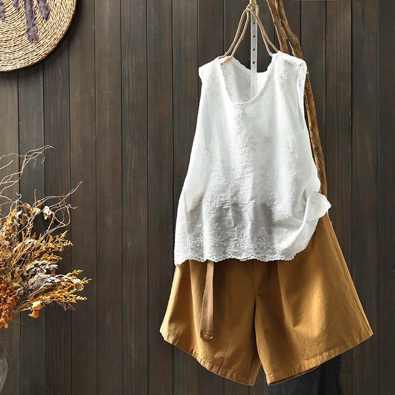 Loose Fit Embroidered Cotton Linen Svel Top Thin Sle Women's Tank Top Vest Brand New Goods Tailored for Summer