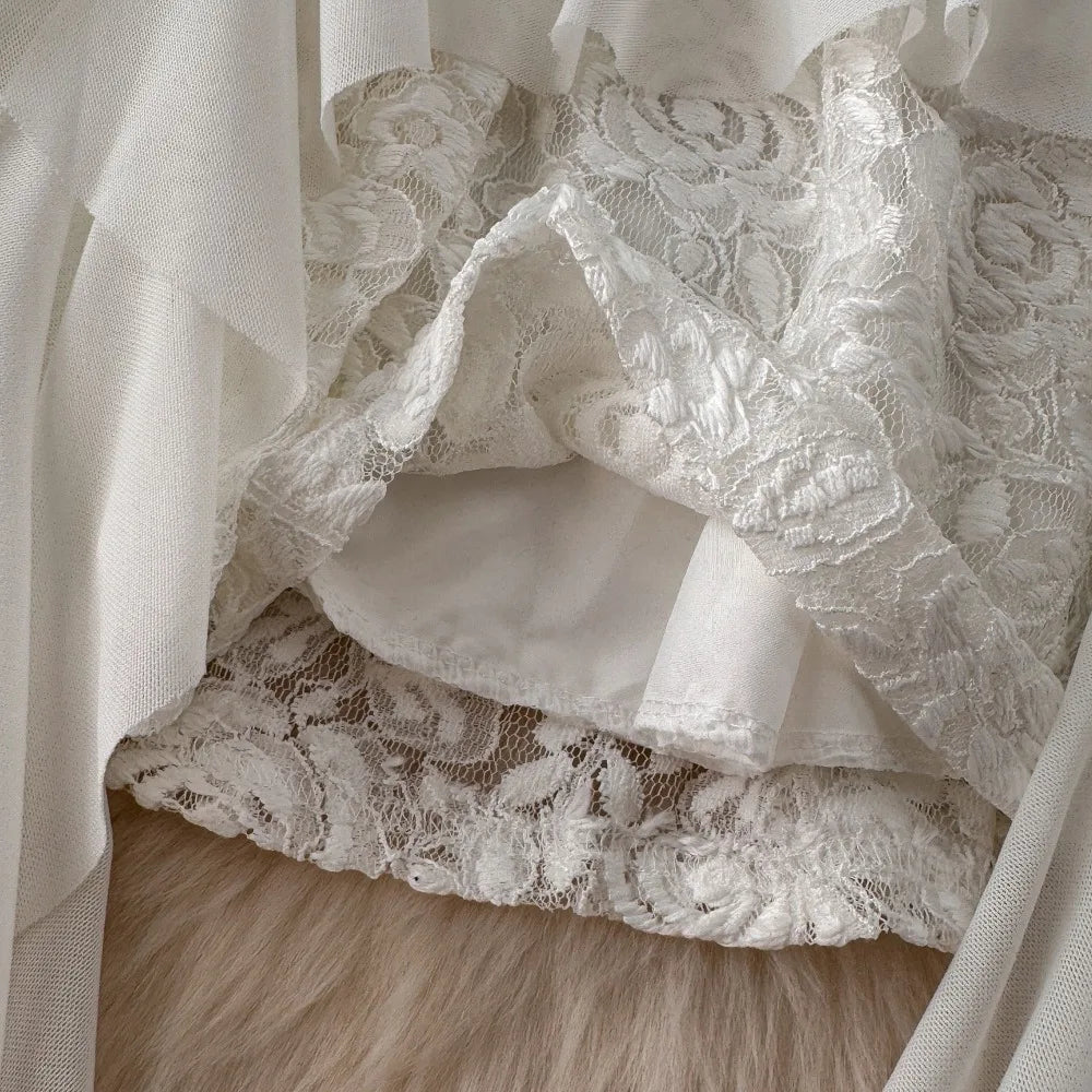 Foamlina French Style White Strapless Dress Women Summer Lace Irregular Flanged Ribbon Design Girl's Holiday Shopping Dresses