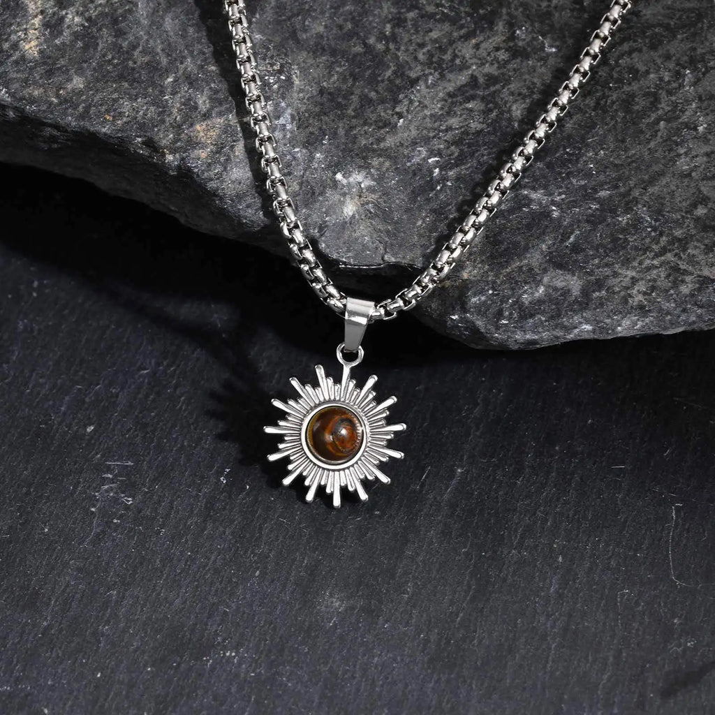 Trendy Sunflower Necklace for Men Boys,Stainless Steel Natural Stone Pendant,Jewelry Gift for Husband Dad Son BBF