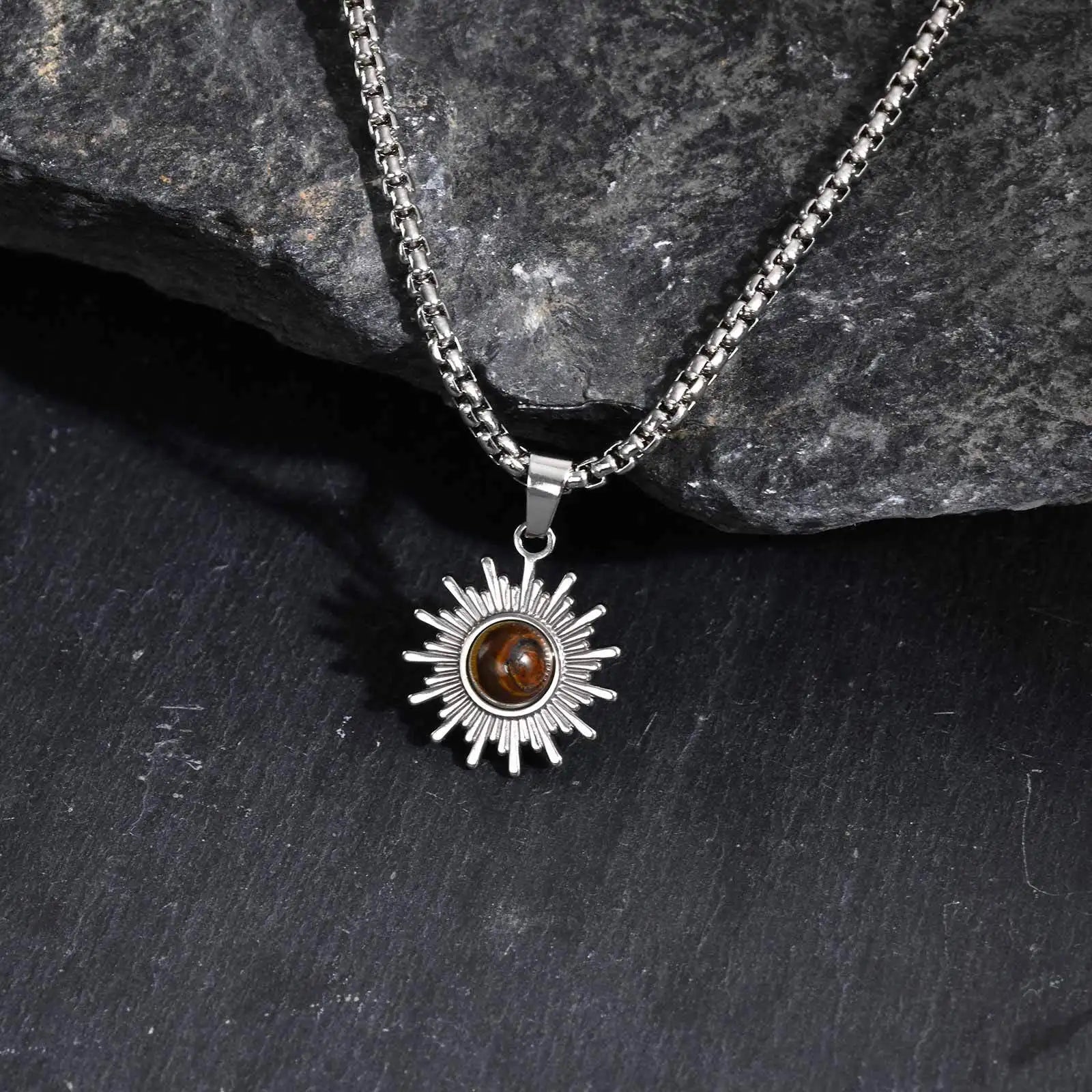 Trendy Sunflower Necklace for Men Boys,Stainless Steel Natural Stone Pendant,Jewelry Gift for Husband Dad Son BBF