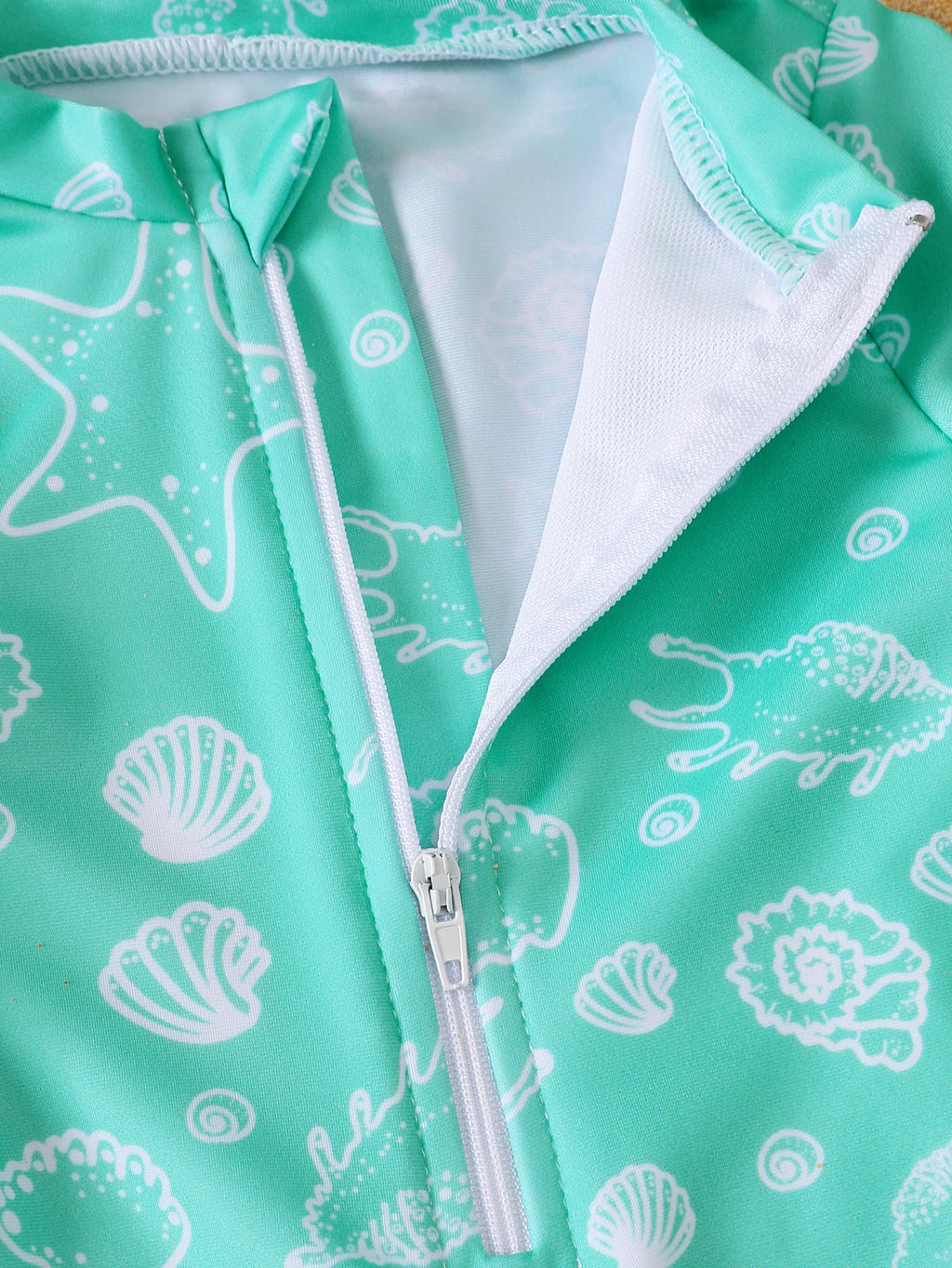 Baby Boy Summer Shell Pattern Long Sleeve Onesie Swimsuit with Hat Infant Swimwear Protection And Comfort