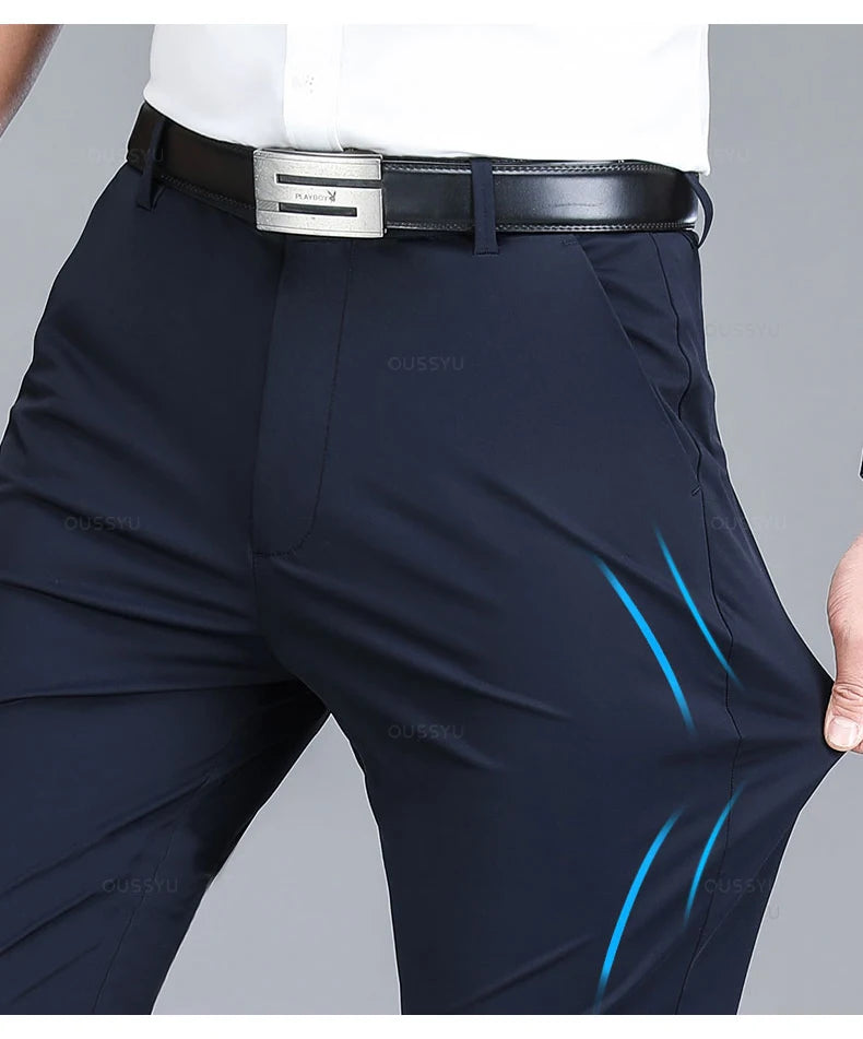 Summer High Stretch Business Suit Pants Men Thin Solid Color Straight Casual Formal Office Trousers Male Plus Size 35 40