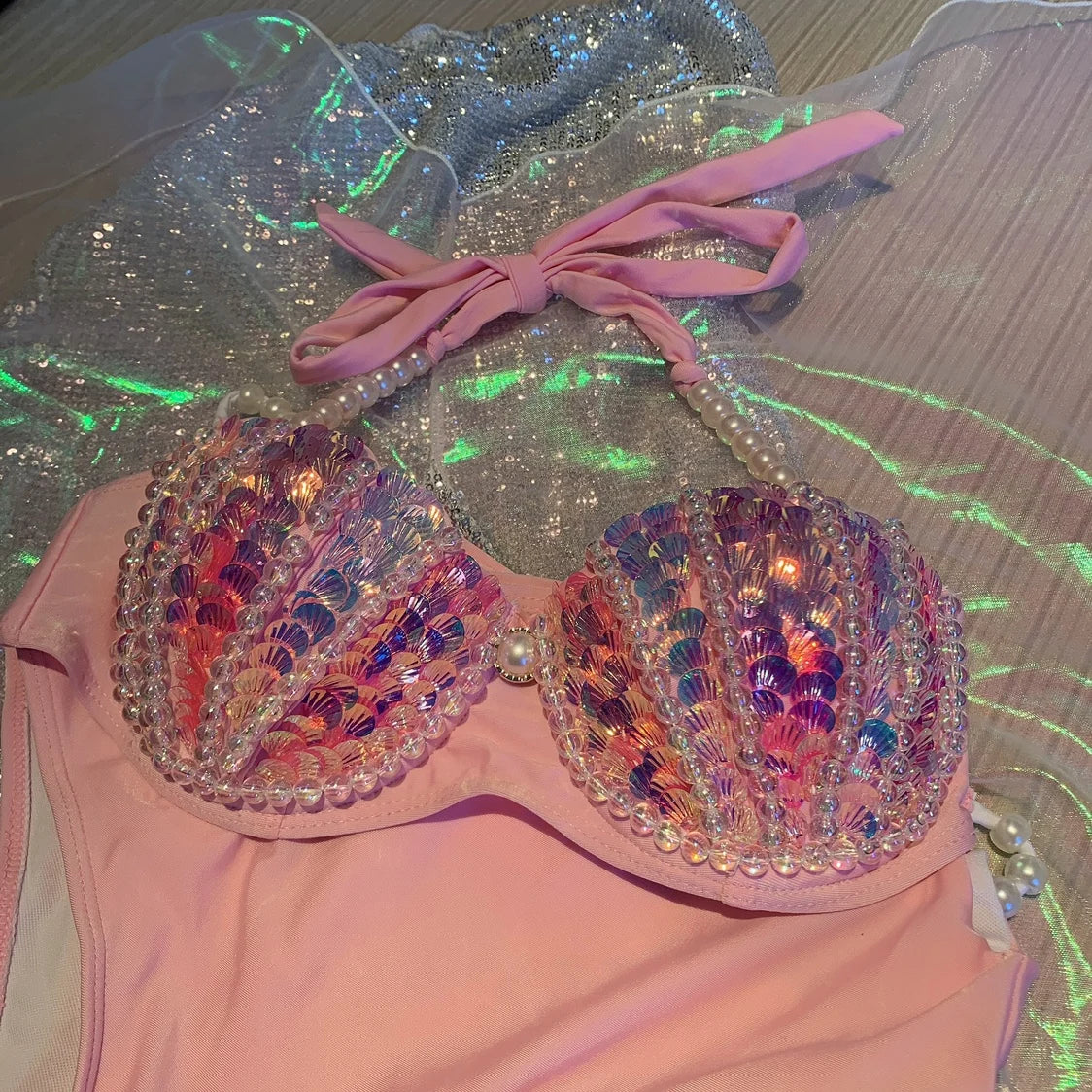 RM Mermaid Sequin Corset Bikini Swimsuit Free Diving Performance Oceanarium Electro Festival Bra Bar Cos Costumes