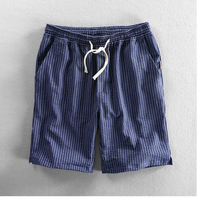 Summer Cotton Beach Shorts Pants For Men Casual Breathable Comfortable Striped Loose Drawstring Cropped Youth Man Shorts Pants