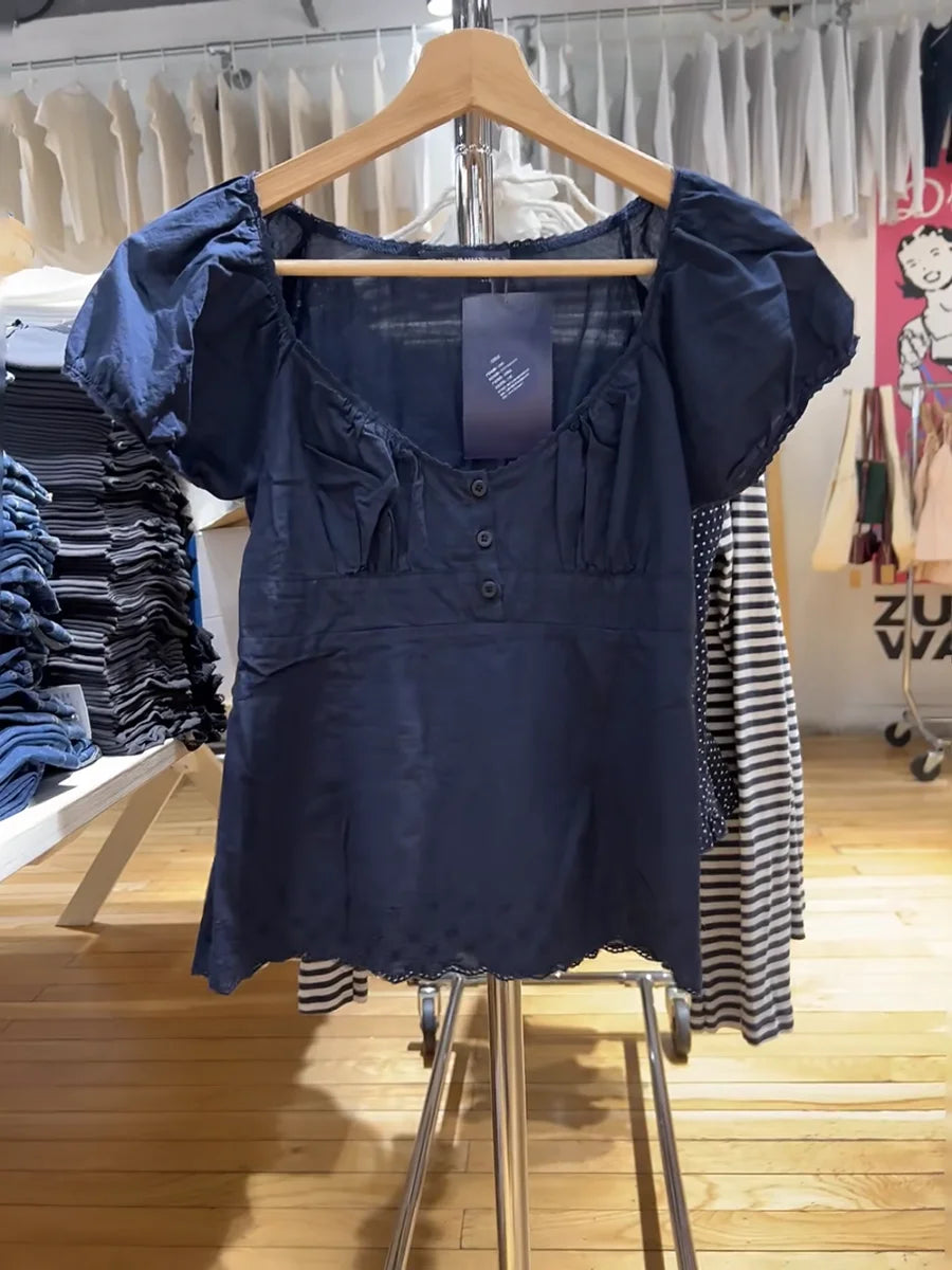 Lace Trim Embroidery Navy T-shirt Women Three Buttons Folds Square Collar Puff Sleeve T-shirt Summer Sweet Casual Vintage Blouse