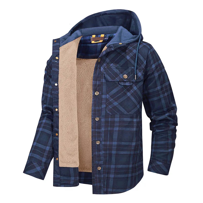 Winter Men Plaid Fleece Shirts Coats Mens Hooded Casual Shirts Man Sport Outdoor Loose Shirt Jacket Men Button Down Hoodie Shirt