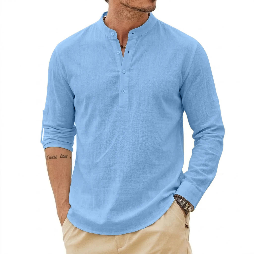 Fashion Mens Linen Shirts Luxury Henley Casual T-Shirts Long Sleeve Cotton T-Shirts Beach Hawaiian Summer Shirt for Men Gym Man