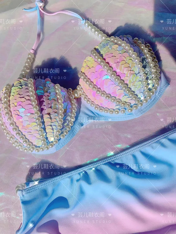 RM Mermaid Sequin Corset Bikini Swimsuit Free Diving Performance Oceanarium Electro Festival Bra Bar Cos Costumes