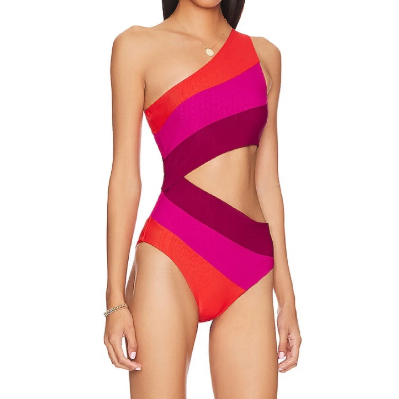 Cikini One-Piece Swimsuit With Colorblock Hollow-Out One Shoulder Neckline Summer Beach Swimwear Bathing Suit For Women