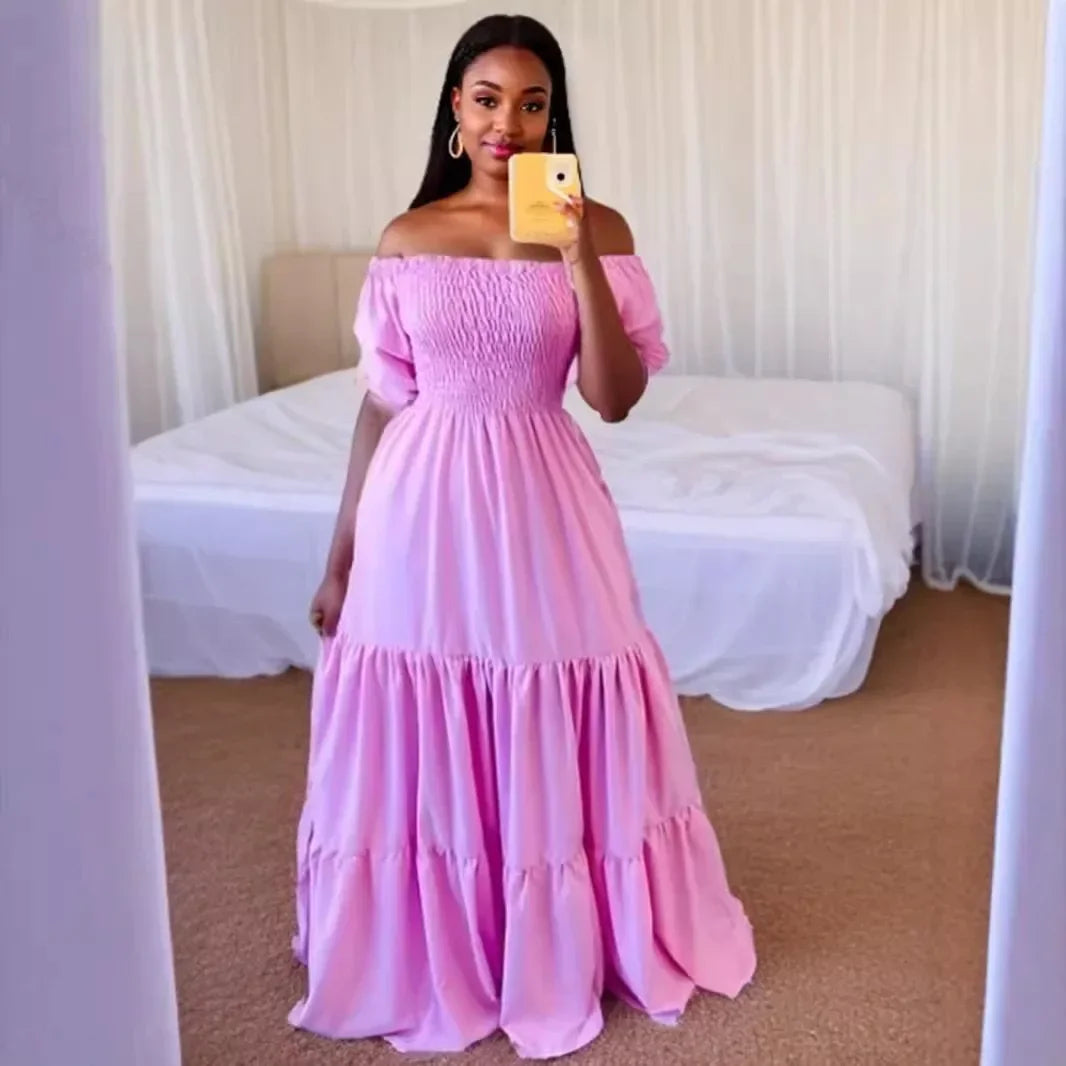 A Line Pleated Blue Princess Long Dresses Women Puff Sleeve High Waist Square Neck Maxi Dress Summer Solid Ruffles Party Dresses