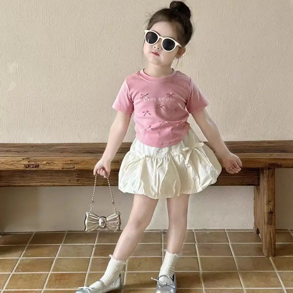 Girl's Sweet 2Pcs Set Summer Children Infants Kids Baby Ballet Princess Bow Top T-shirt+Flower Bud Skirt Suits