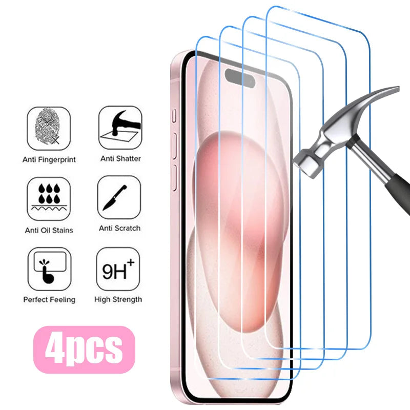 4PCS Tempered Glass For iPhone 16 17 15 14 13 12 11 Pro Max SE 2020 2022 X XR XS Screen Protector for iPhone Air 13 Mini 14 Plus