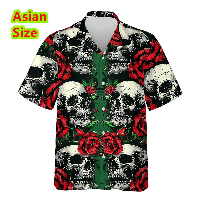 Man Shirt Horror Skull Flower 3D Print Men's Clothing Summer Casual Hawaii Beach Hawaiian Harajuku Hip Hop Holiday Shirt Tops