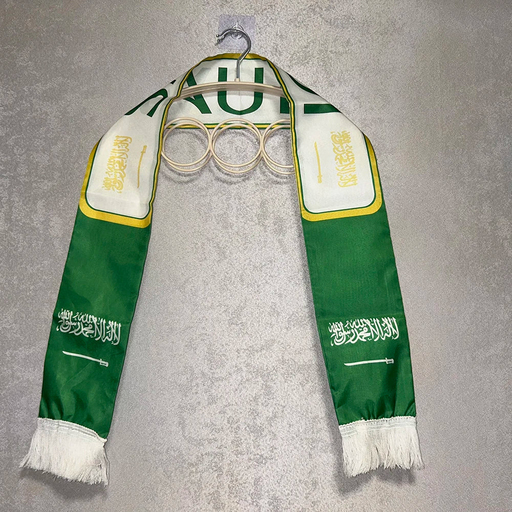 Saudi Arabia Scarf 12x135cm Double Printed Satin Saudi Arabia Flag Scarf Tassels Suitable for 2026 Football cup, Sports, Events