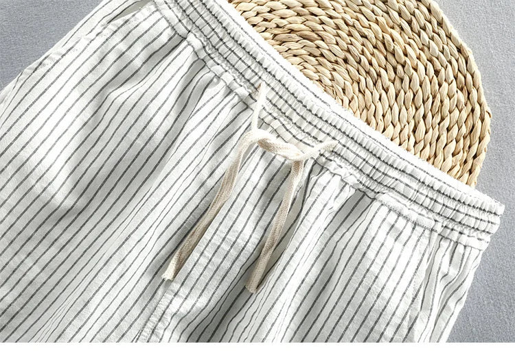 Summer Cotton Beach Shorts Pants For Men Casual Breathable Comfortable Striped Loose Drawstring Cropped Youth Man Shorts Pants